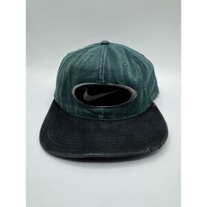 Vintage Nike Swoosh Oval Strapback Hat Green Black USA Made Distressed